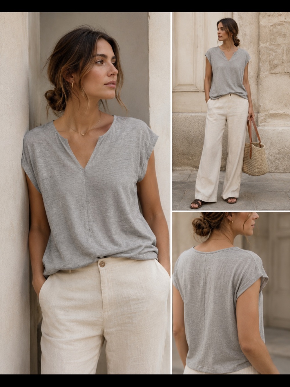 Comptoir Des Cotonniers Light Gray V-Neck Cap Sleeve Tee 100% linen